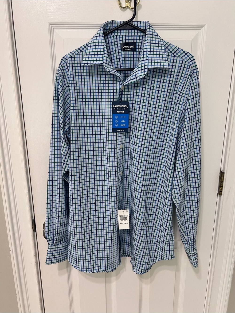 NWT Lands' End Men's Blue and Green Windowpane Dress Shirt